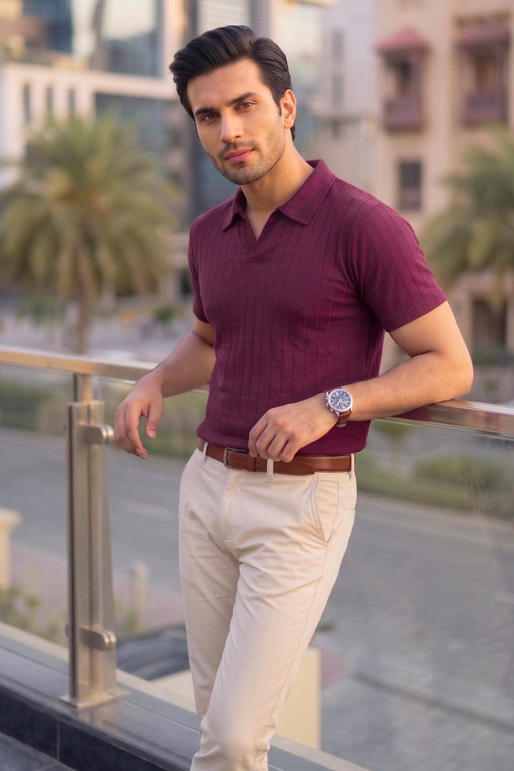 Drop Needle Knit Polo Shirt – Maroon