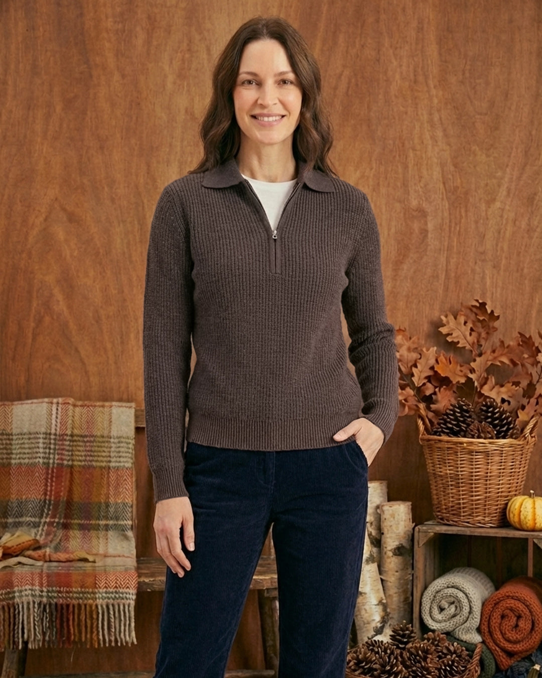 Women Brown Polo Sweater