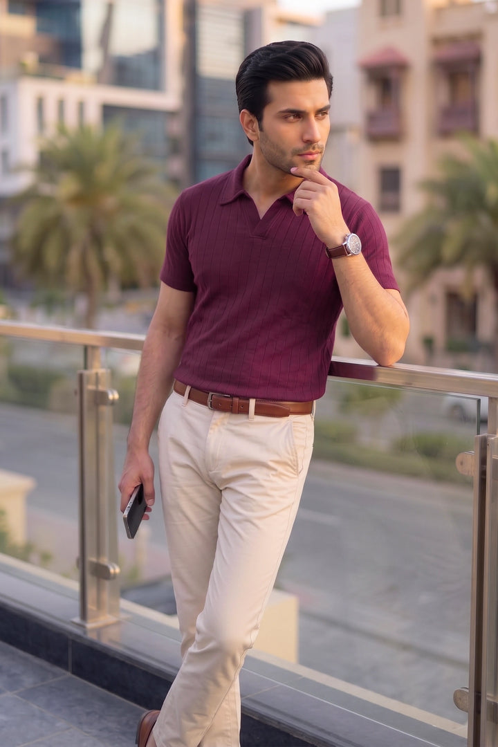 Drop Needle Knit Polo Shirt – Maroon