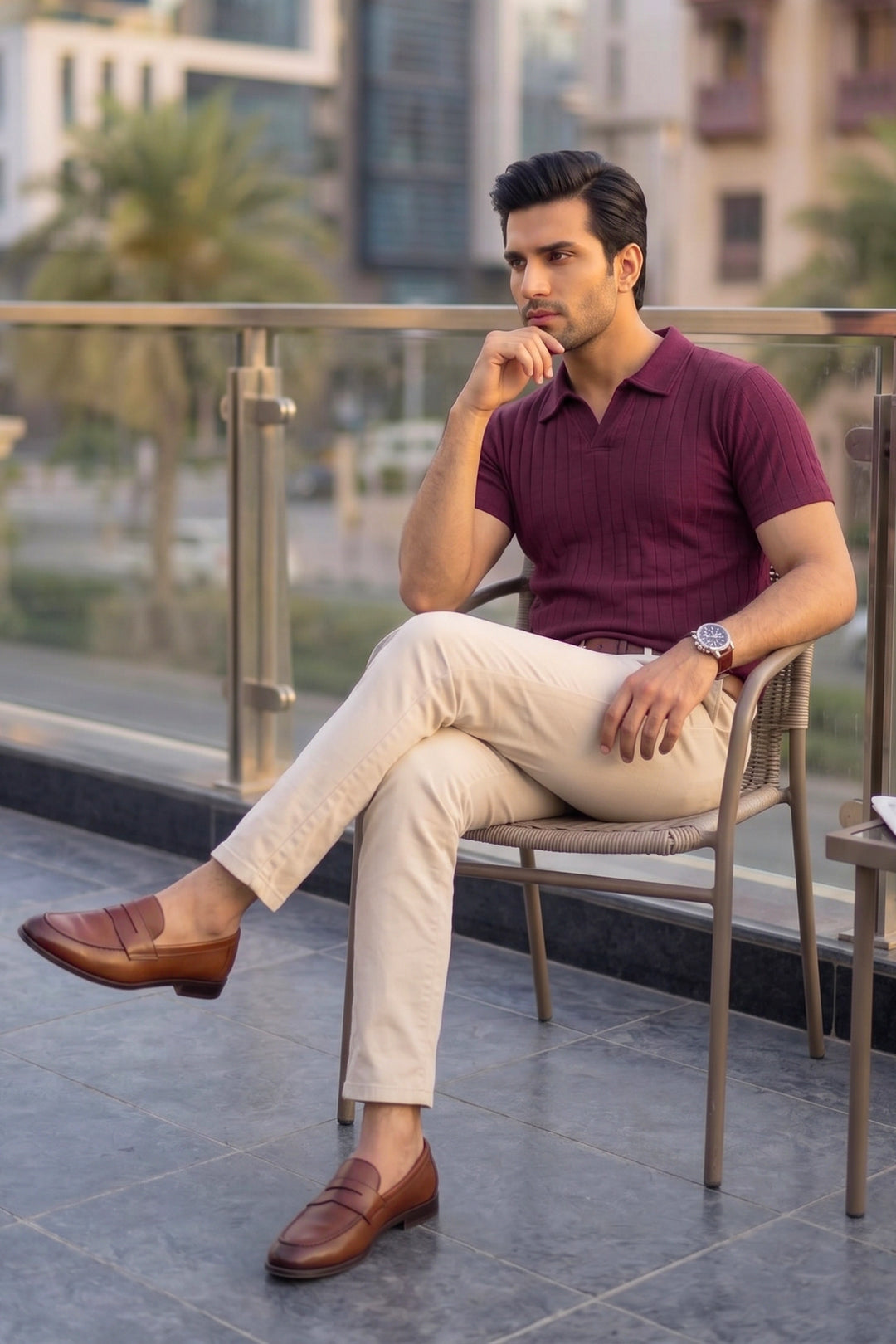 Drop Needle Knit Polo Shirt – Maroon