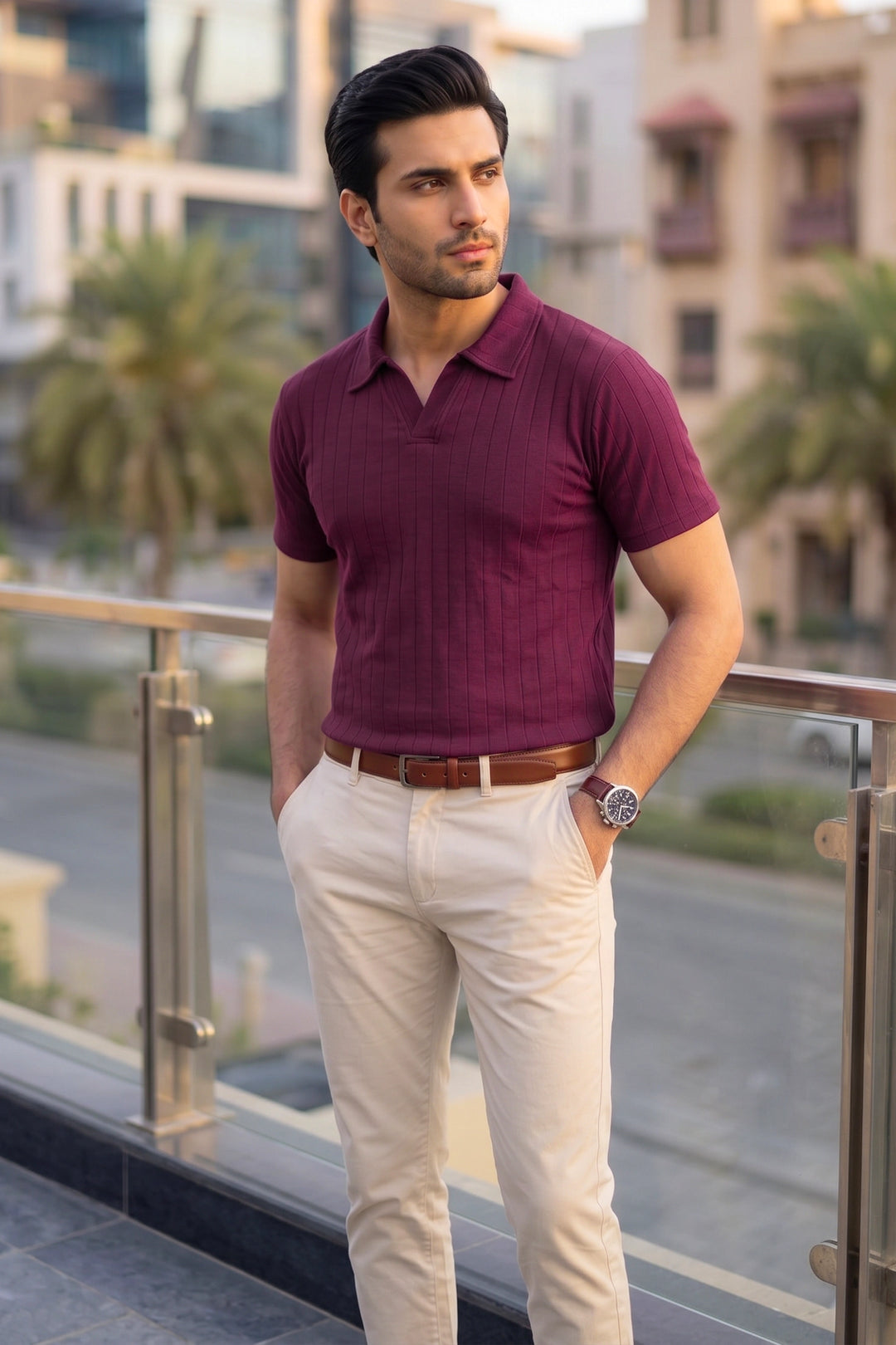 Drop Needle Knit Polo Shirt – Maroon