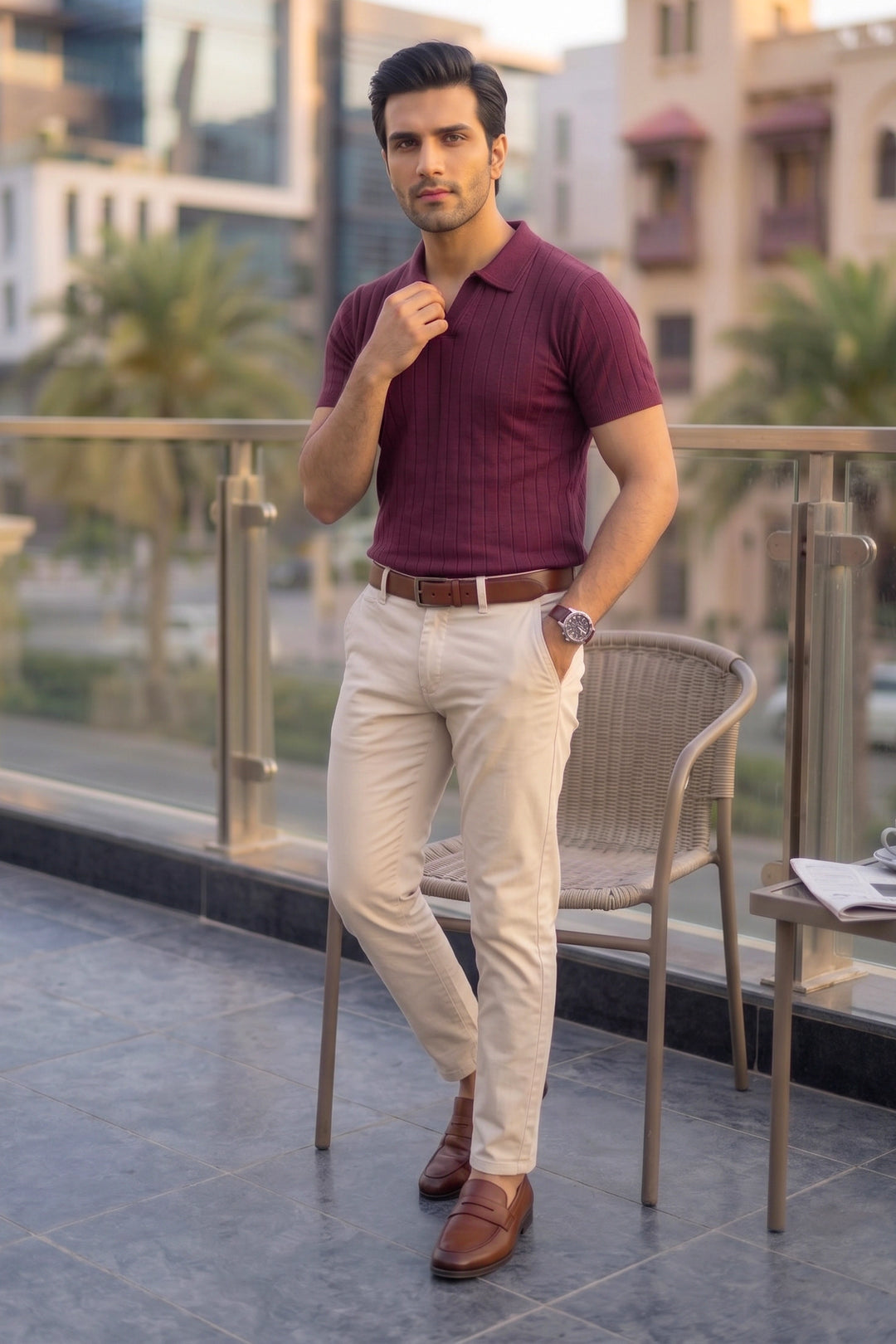 Drop Needle Knit Polo Shirt – Maroon