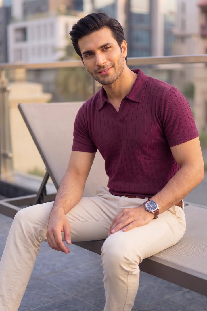 Drop Needle Knit Polo Shirt – Maroon