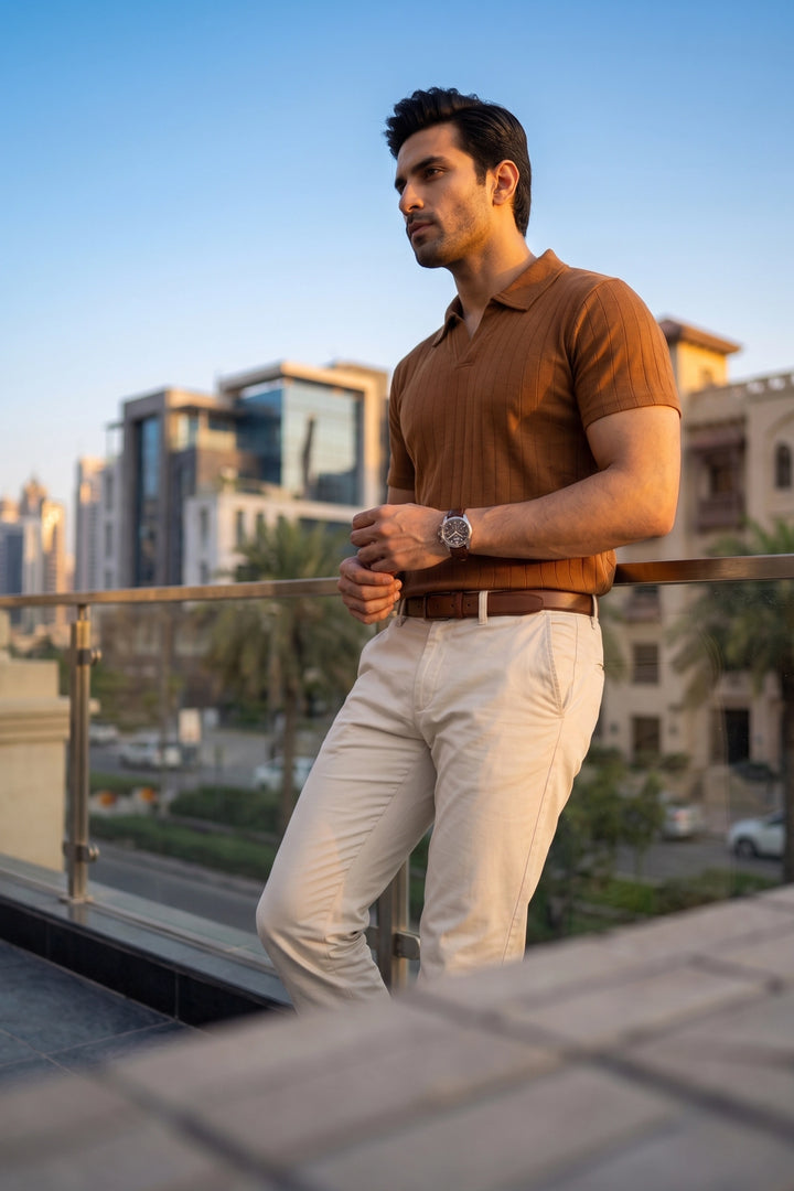 Drop Needle Knit Polo Shirt – Mustard