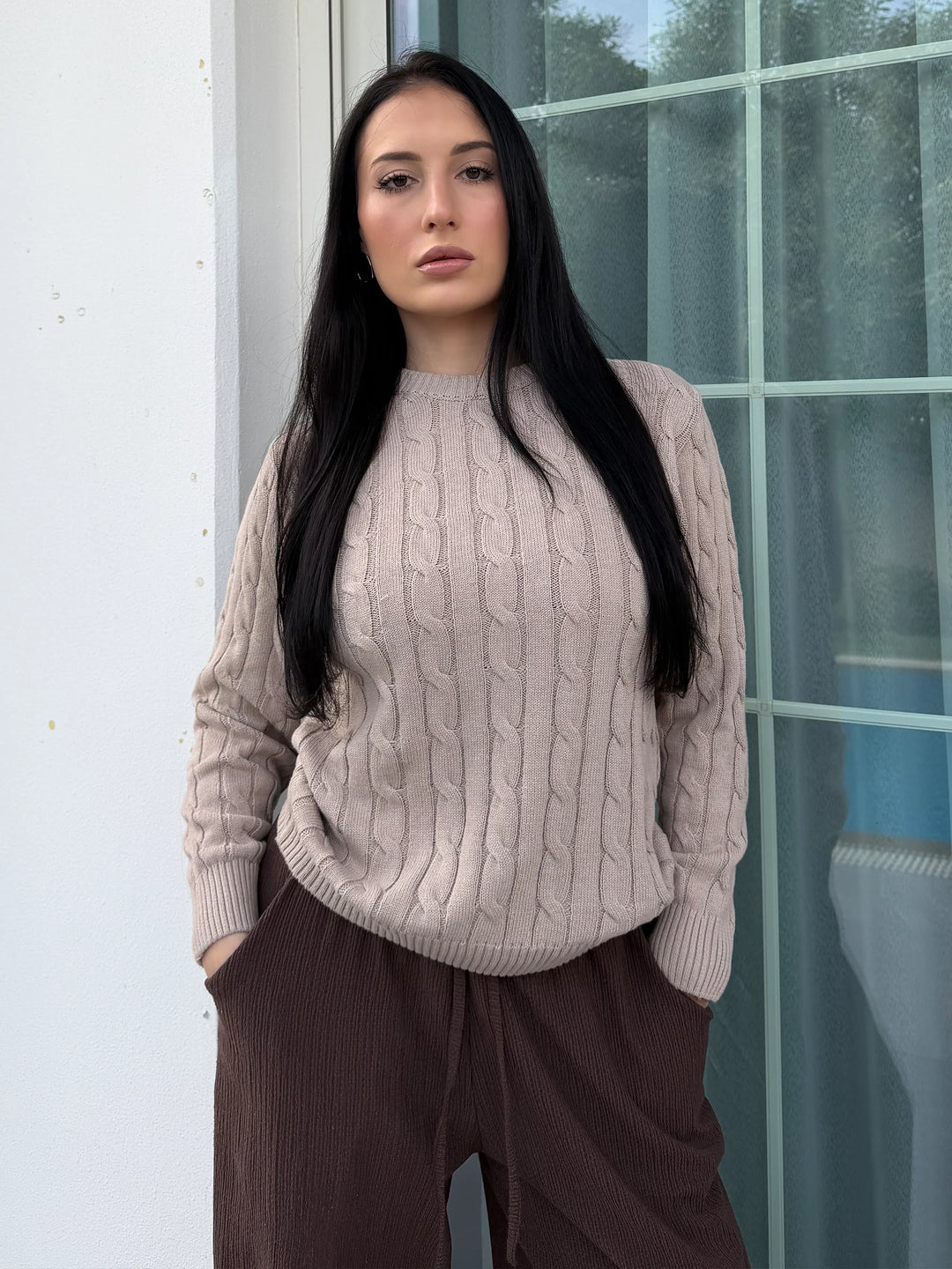 Women’s Beige Cable Knit Sweater