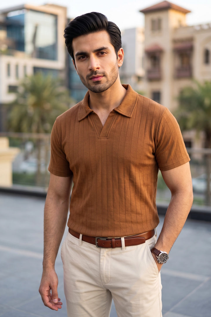 Drop Needle Knit Polo Shirt – Mustard