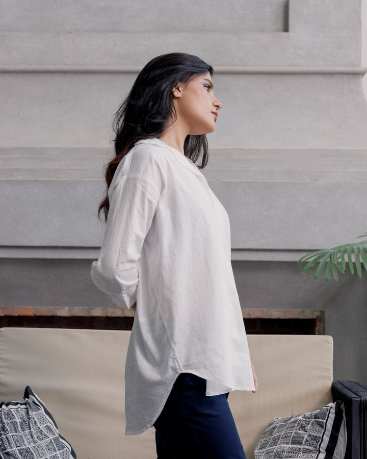 White Linen Cuban Collar Shirt