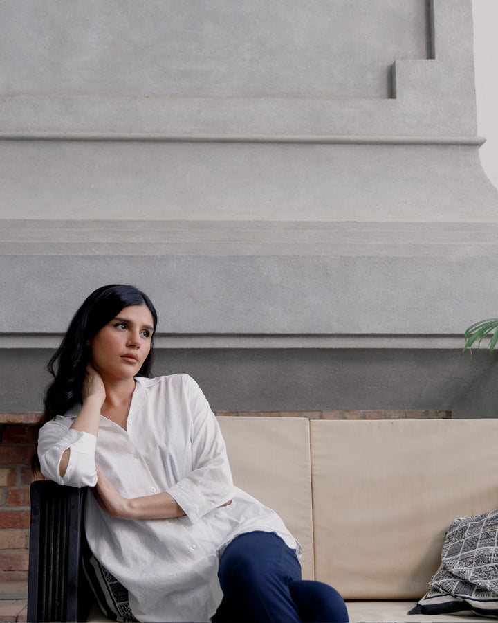 White Linen Cuban Collar Shirt