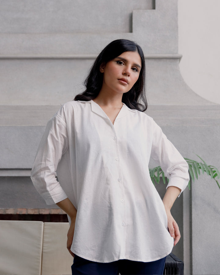 White Linen Cuban Collar Shirt