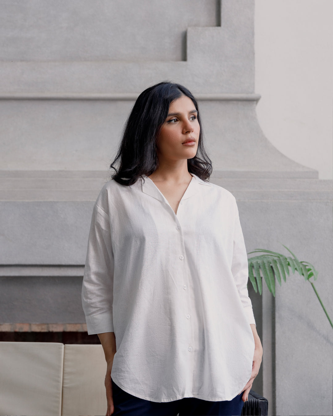 White Linen Cuban Collar Shirt