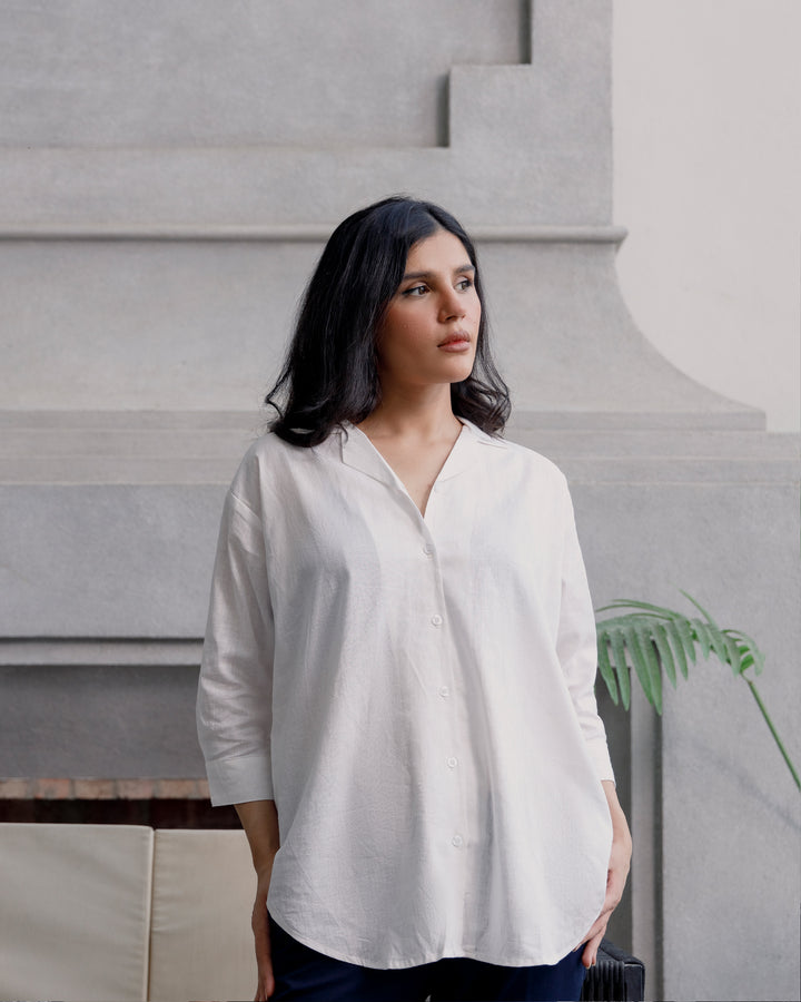White Linen Cuban Collar Shirt