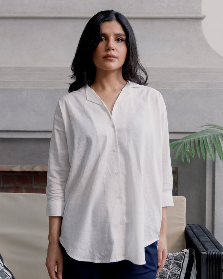 White Linen Cuban Collar Shirt