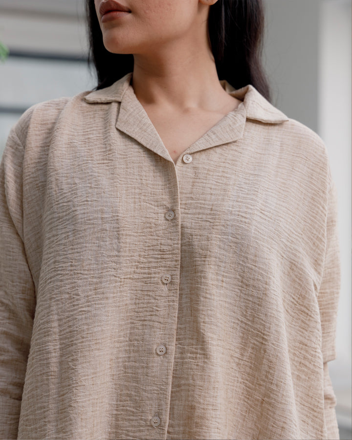 Beige Linen Cuban Collar Shirt