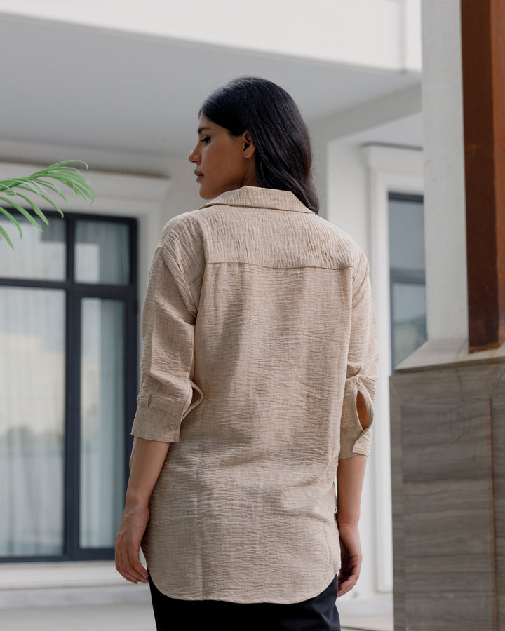 Beige Linen Cuban Collar Shirt