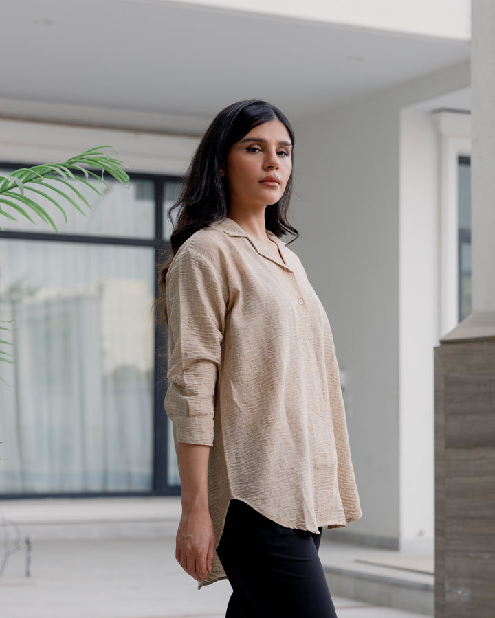 Beige Linen Cuban Collar Shirt