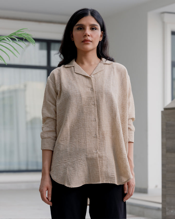 Beige Linen Cuban Collar Shirt