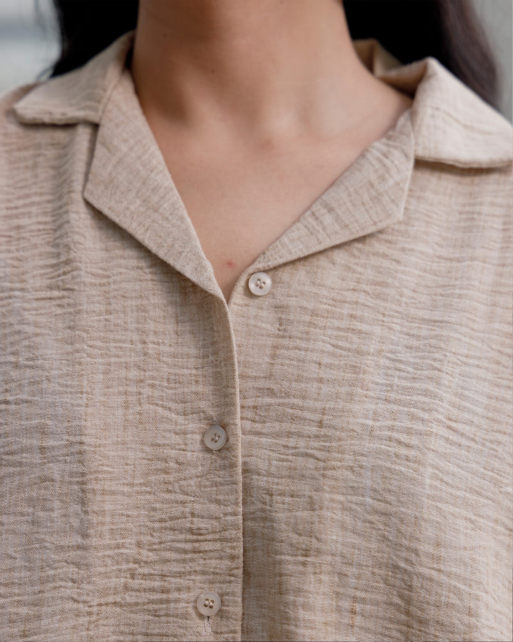 Beige Linen Cuban Collar Shirt