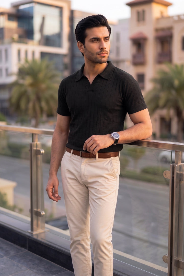 Drop Needle Knit Polo Shirt – Black