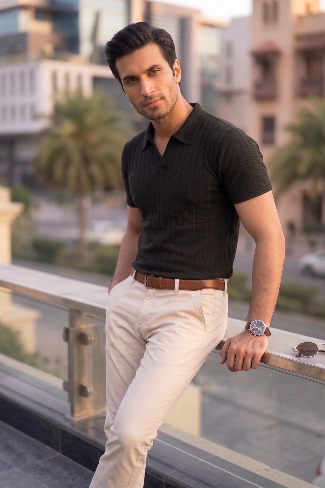Drop Needle Knit Polo Shirt – Black