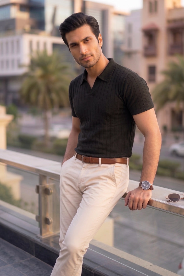 Drop Needle Knit Polo Shirt – Black