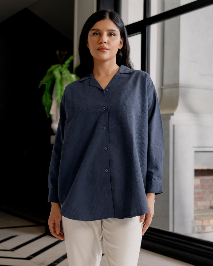 Navy Textured Cuban Collar Shirt