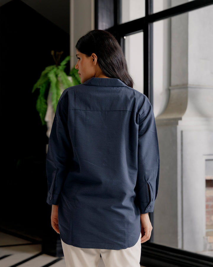 Navy Textured Cuban Collar Shirt