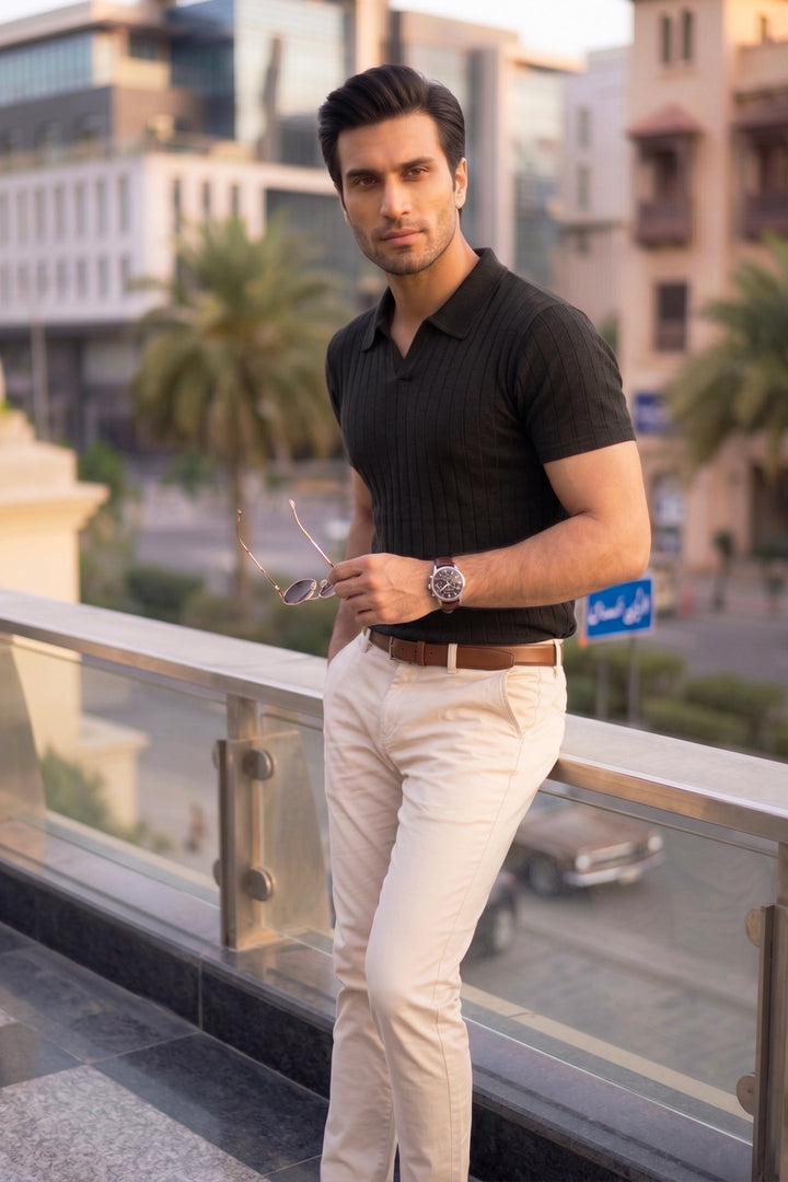 Drop Needle Knit Polo Shirt – Black