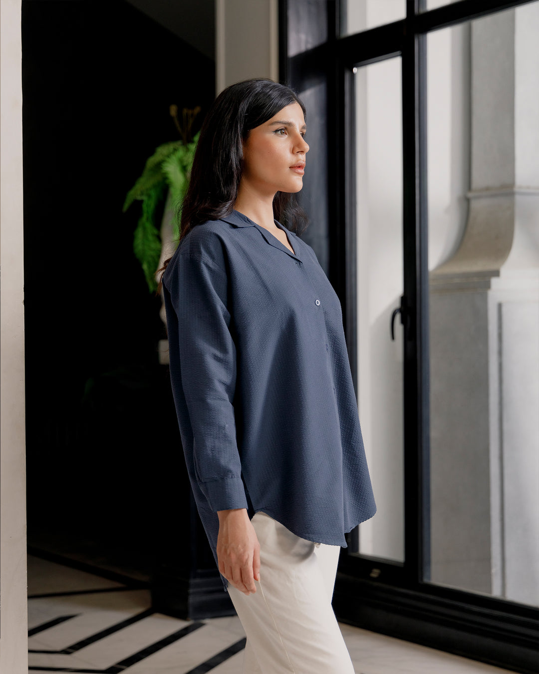 Navy Textured Cuban Collar Shirt