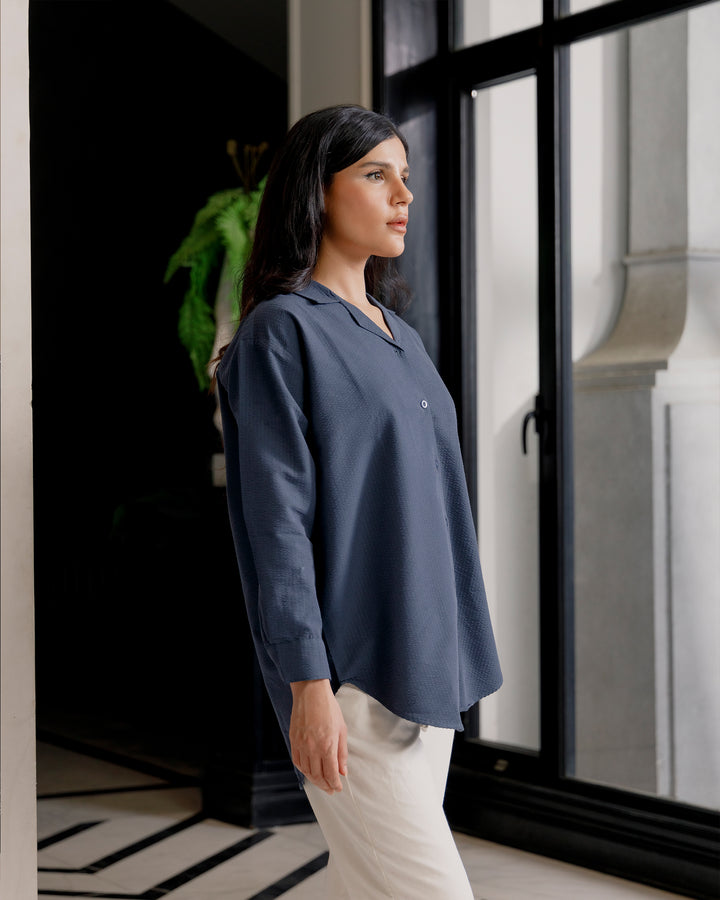 Navy Textured Cuban Collar Shirt