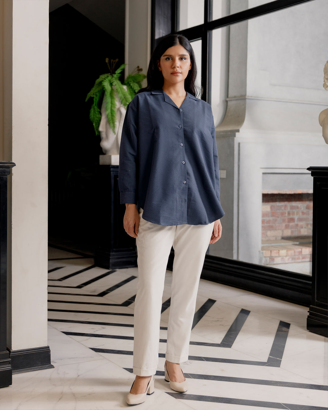 Navy Textured Cuban Collar Shirt