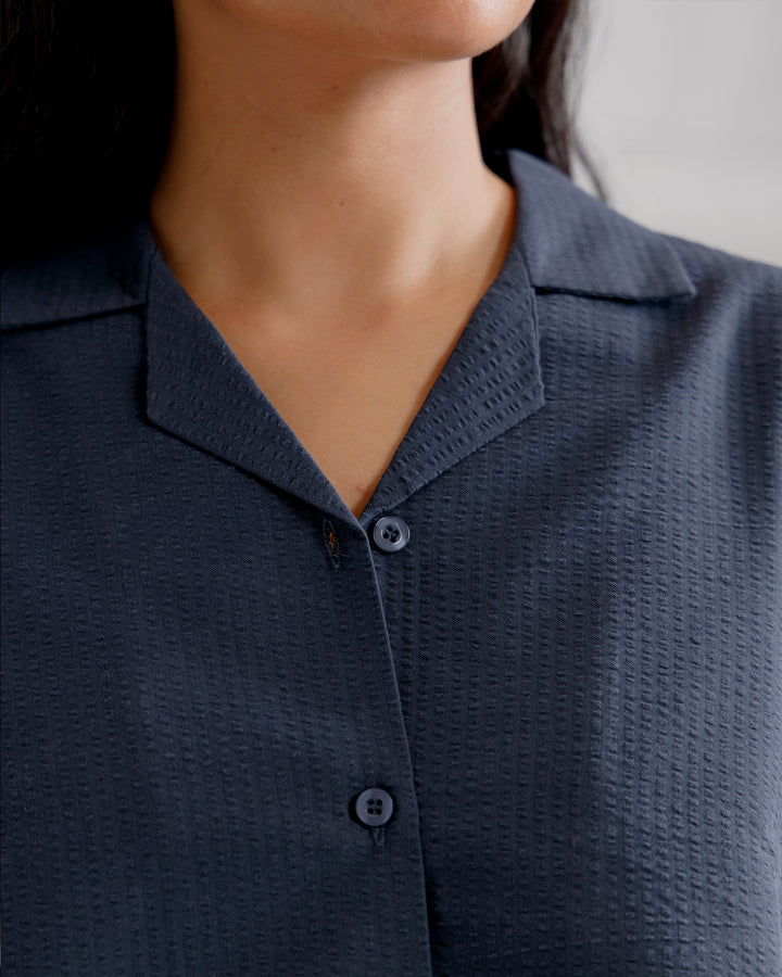Navy Textured Cuban Collar Shirt