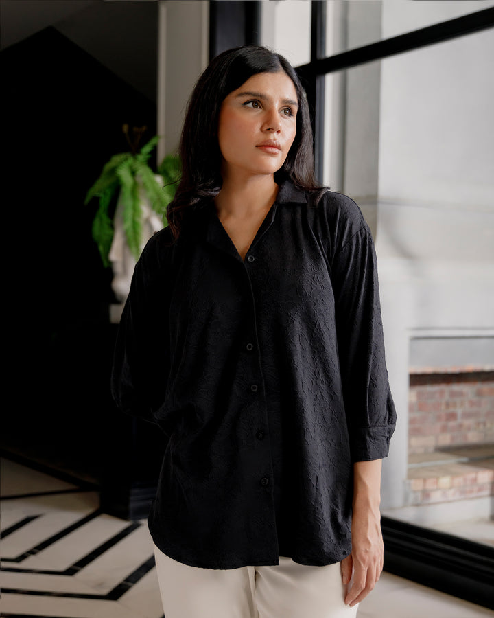 Noir Jacquard Cuban Collar Shirt