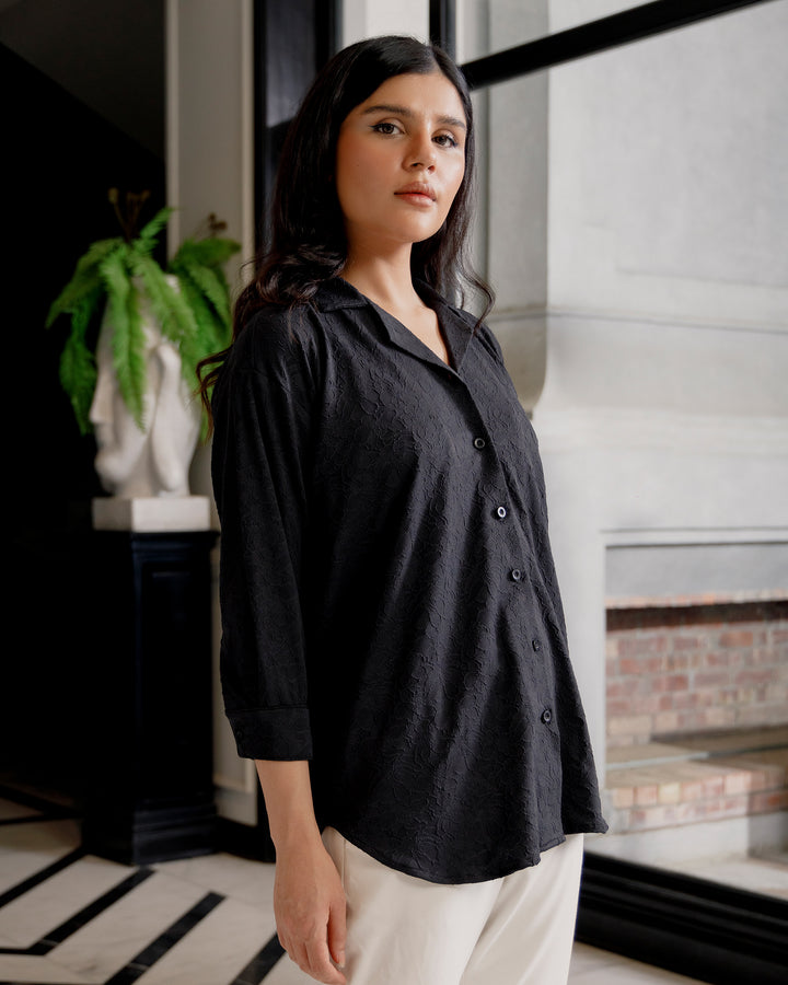 Noir Jacquard Cuban Collar Shirt