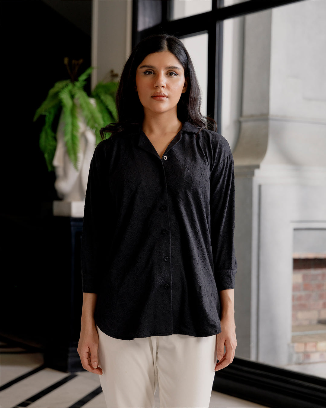 Noir Jacquard Cuban Collar Shirt