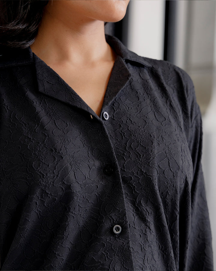 Noir Jacquard Cuban Collar Shirt