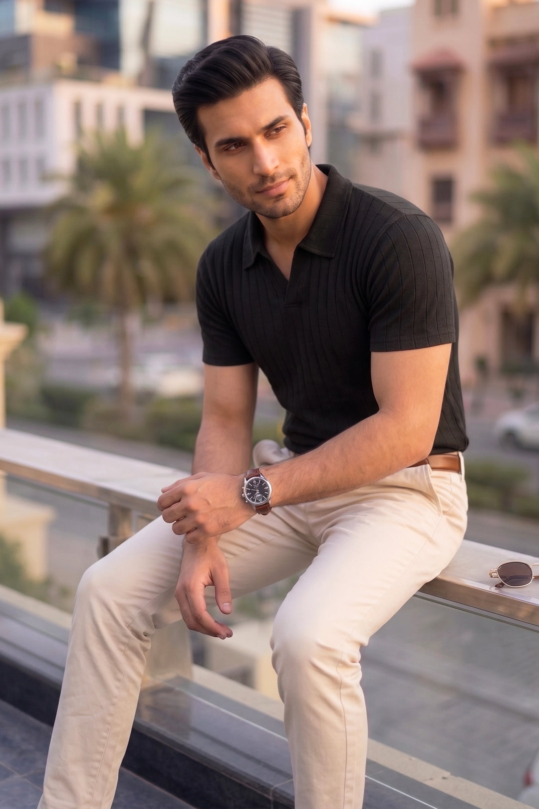 Drop Needle Knit Polo Shirt – Black