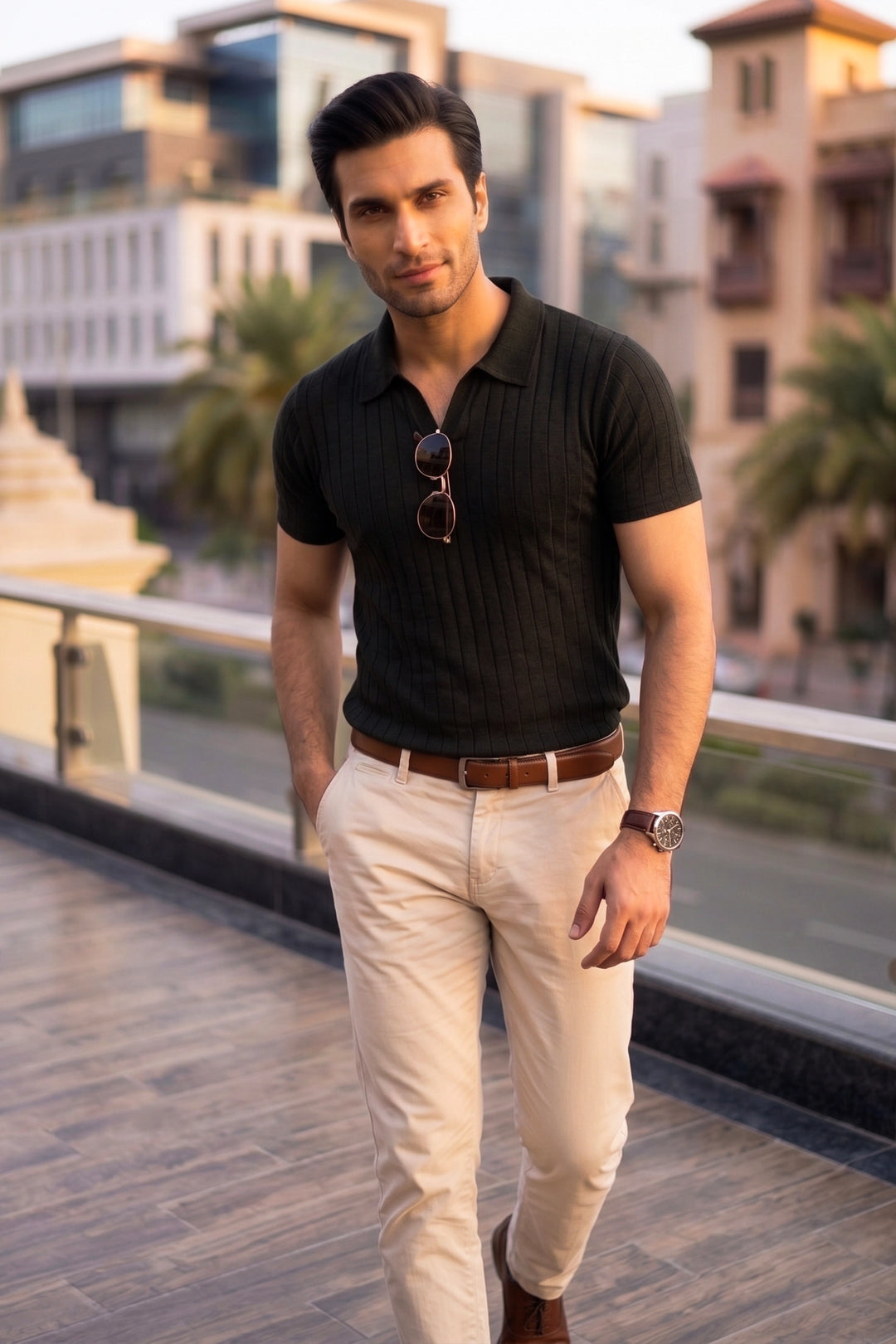 Drop Needle Knit Polo Shirt – Black