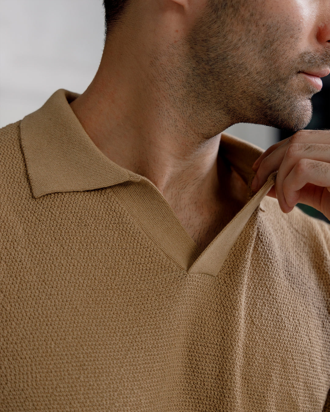 Men’s Camel Textured Knit Polo