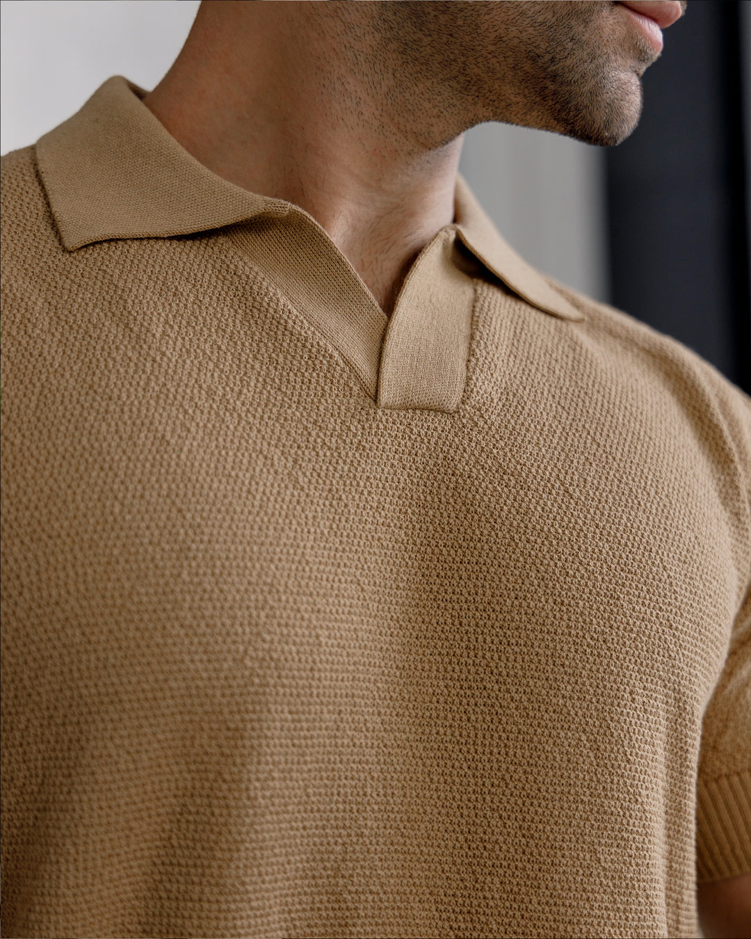 Men’s Camel Textured Knit Polo