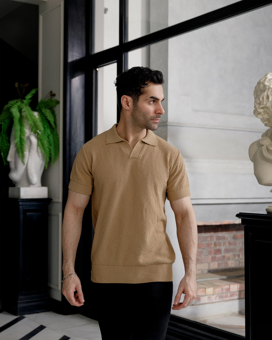 Men’s Camel Textured Knit Polo