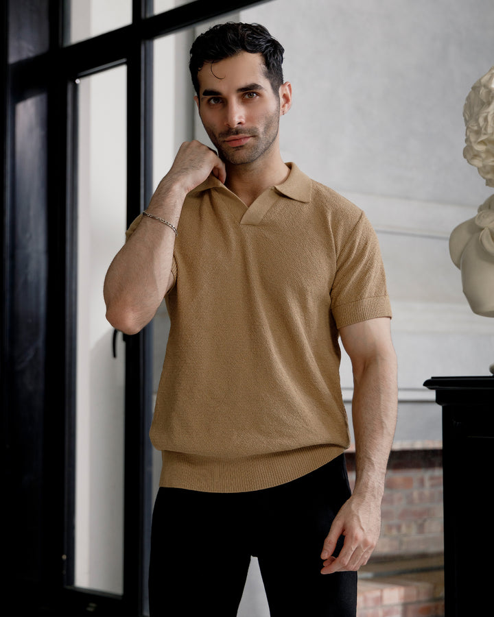 Men’s Camel Textured Knit Polo