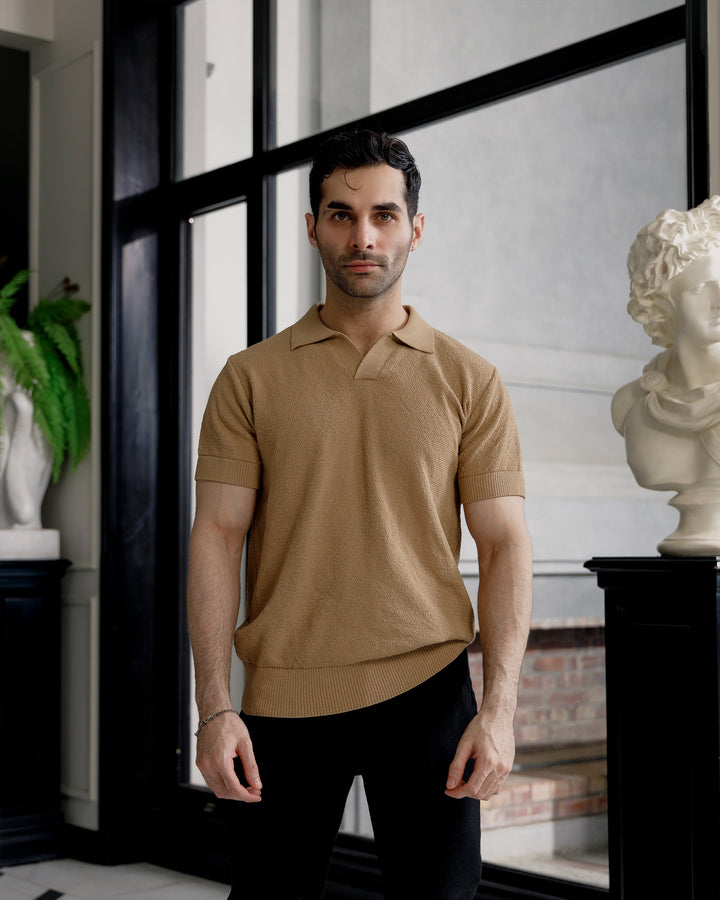 Men’s Camel Textured Knit Polo