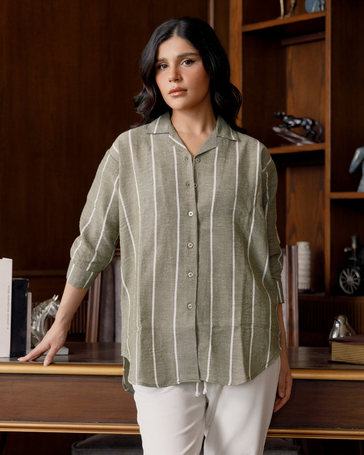 Olive Striped Cuban Collar Shirt