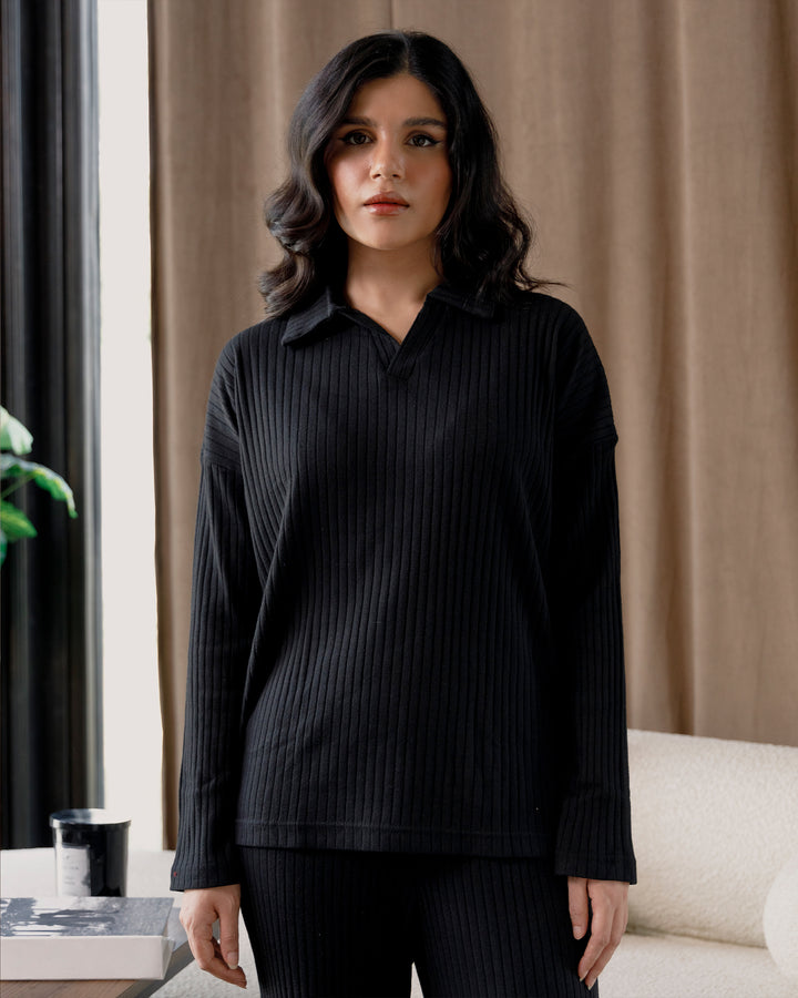 Black Textured Rib Top