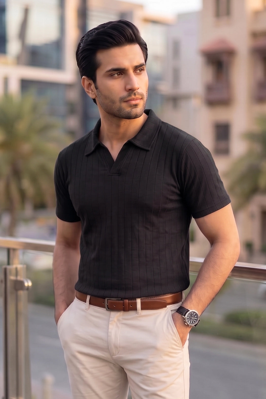 Drop Needle Knit Polo Shirt – Black