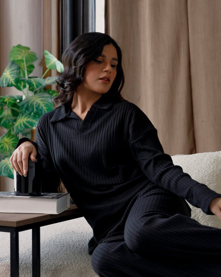 Black Textured Rib Top