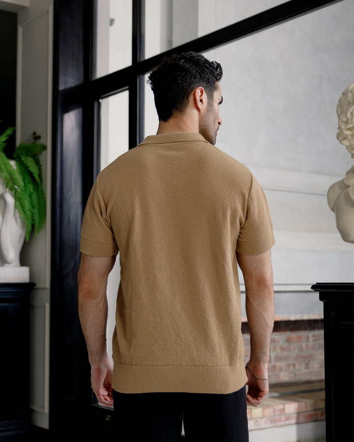 Men’s Camel Textured Knit Polo