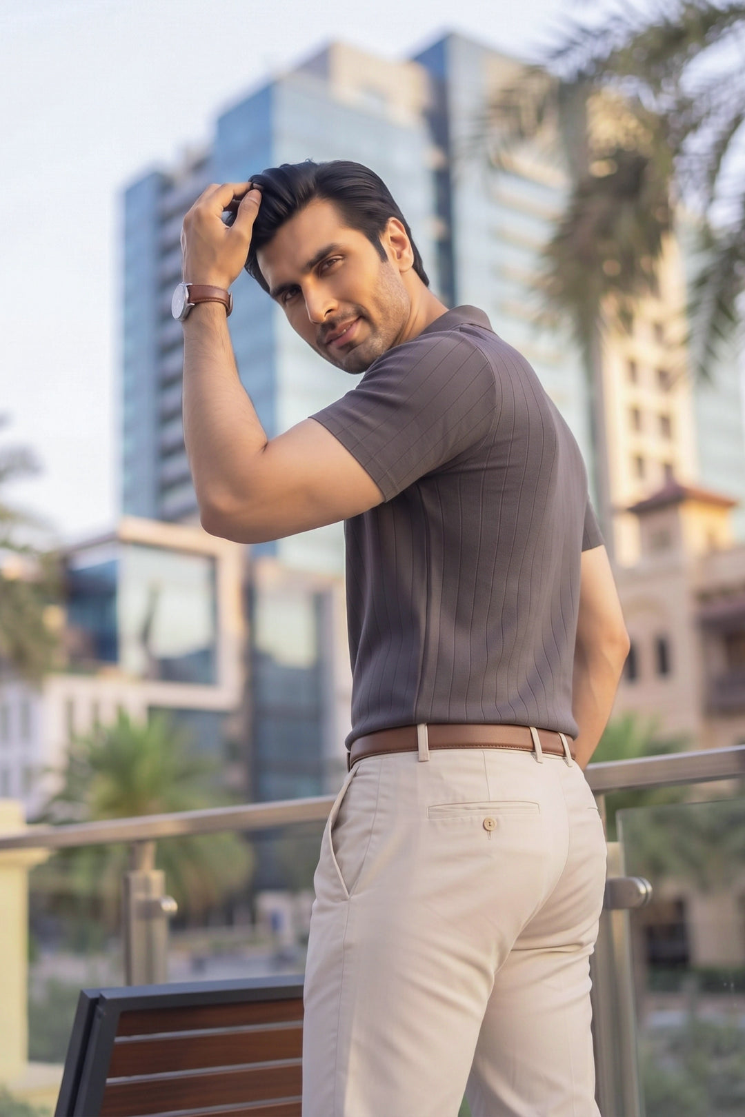 Drop Needle Knit Polo Shirt – Grey