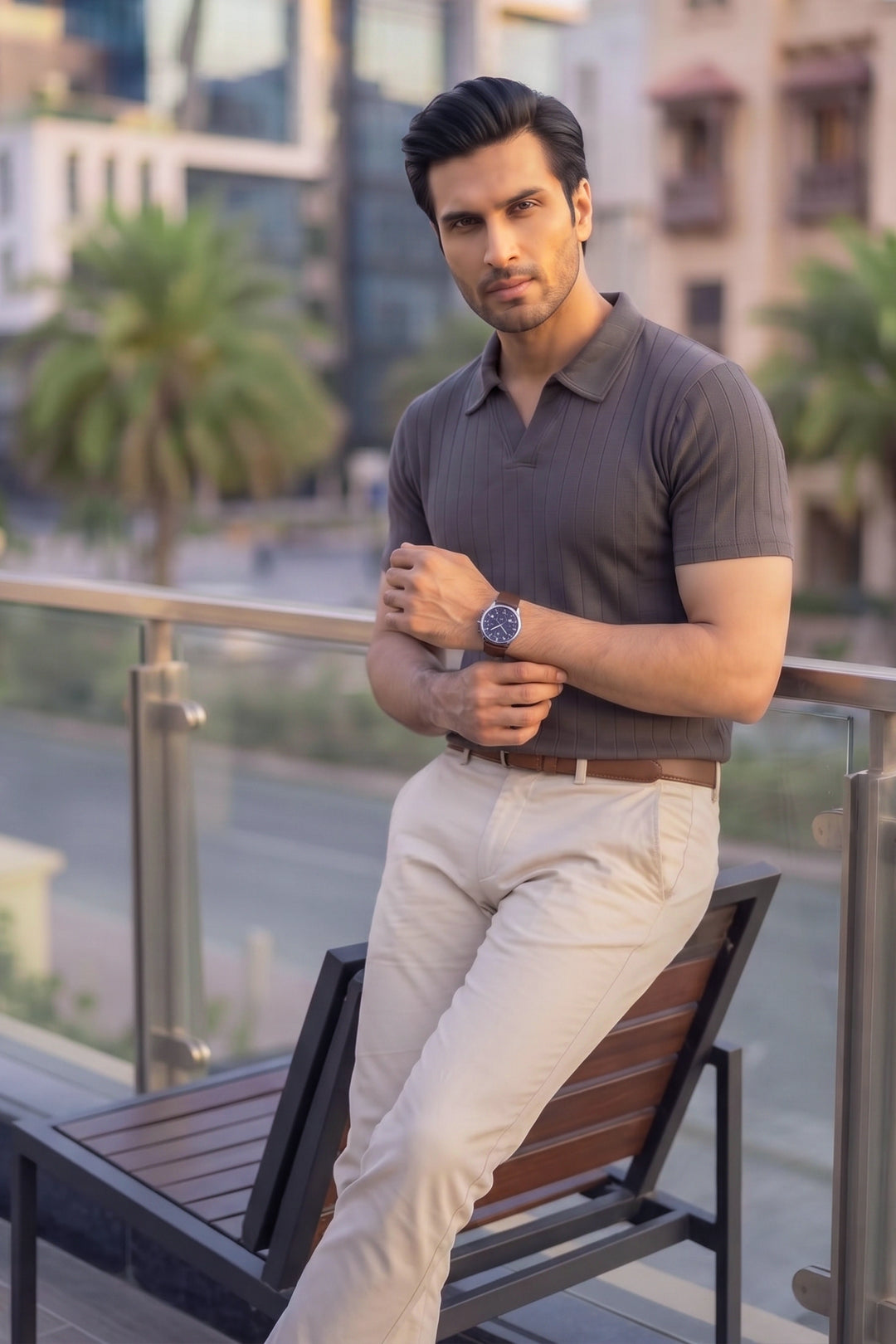 Drop Needle Knit Polo Shirt – Grey