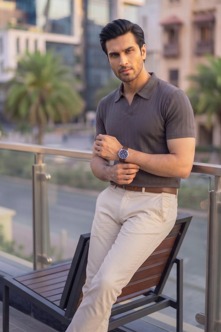 Drop Needle Knit Polo Shirt – Grey
